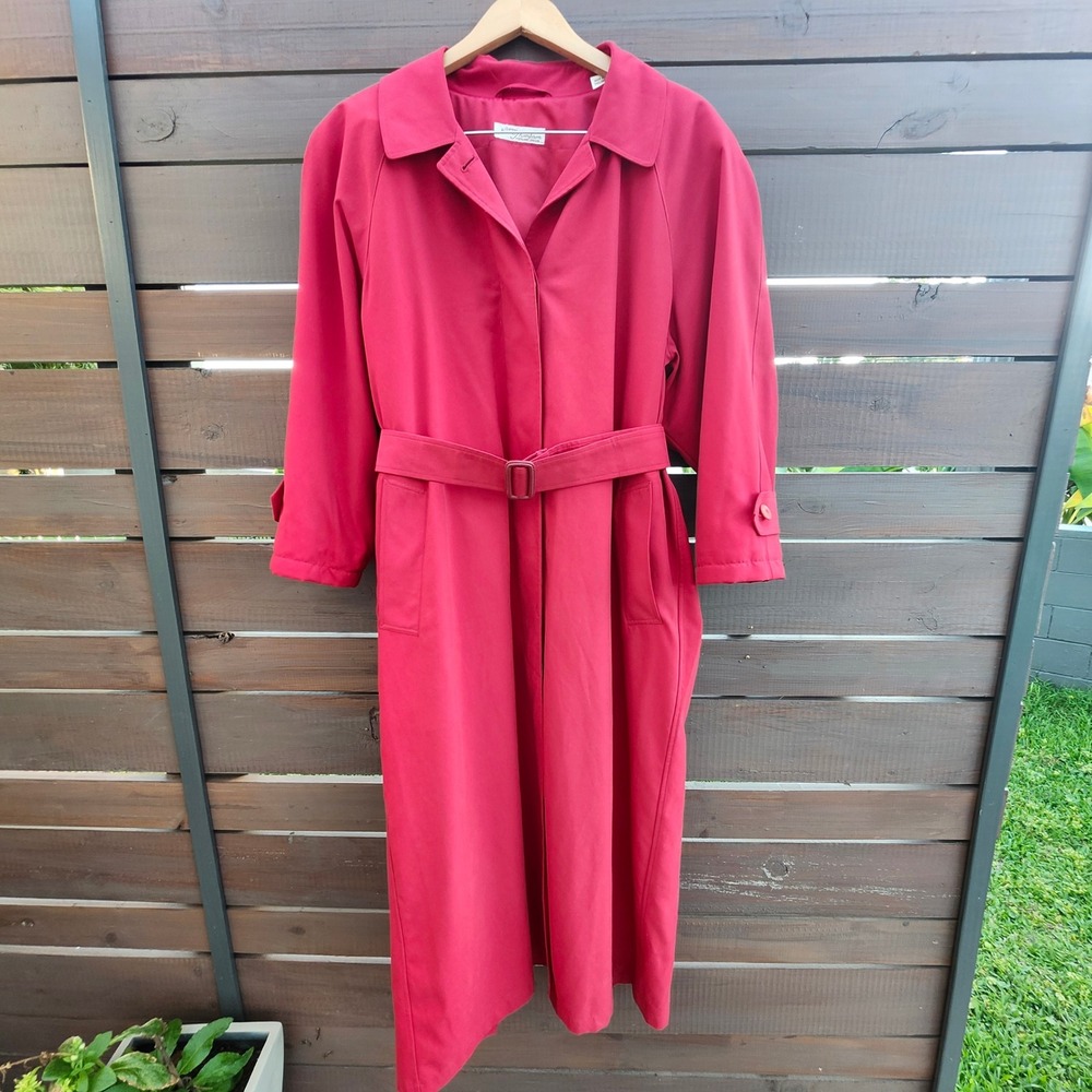 Vintage‎ Norm Thompson Red Trench Coat Belted Long Jacket Maximalism L/XL